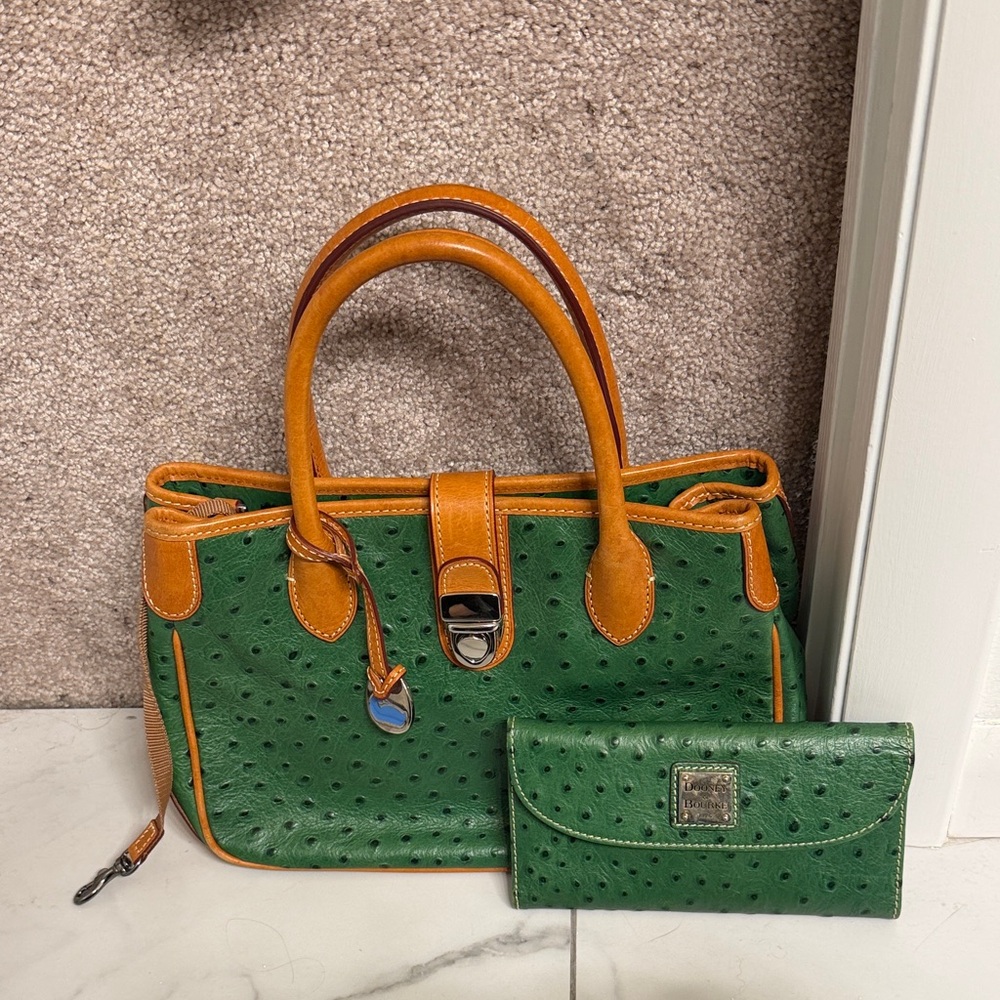 Dooney & Bourke Green and Tan Satchel with Wallet